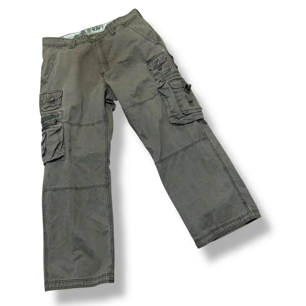Old Navy Mena Gray Cargo Pants Multiple Pockets Relaxed Fit Sz 34.5 100% Cotton‎